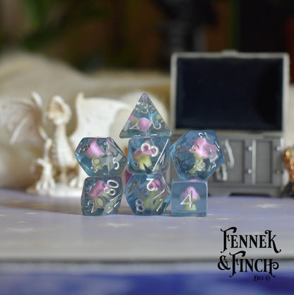 Mushroom Daydream Dice Set – 7 - Piece Pink Amanita Clear Blue DnD Dice - Fennek and Finch