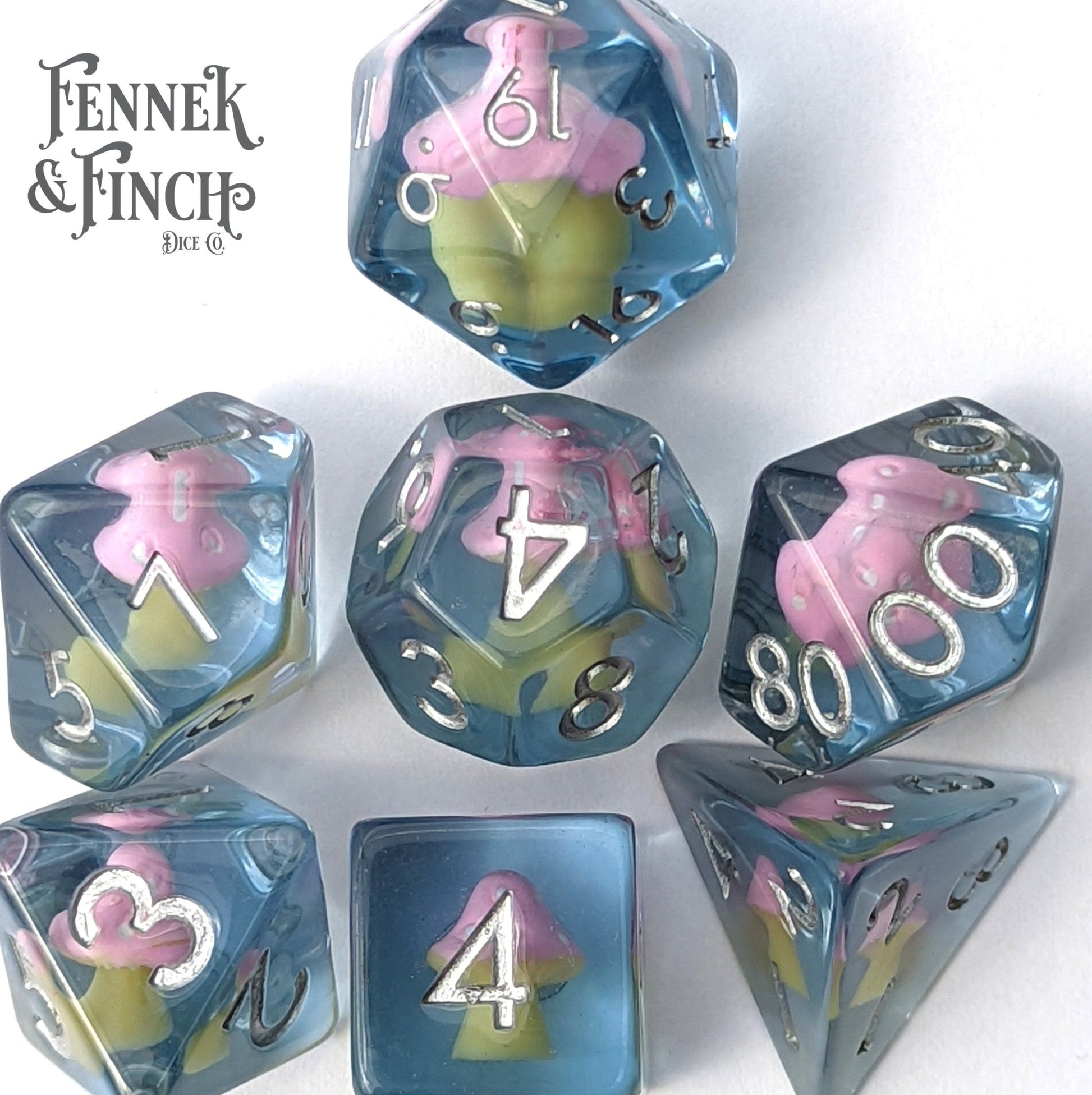 Mushroom Daydream Dice Set – 7 - Piece Pink Amanita Clear Blue DnD Dice - Fennek and Finch