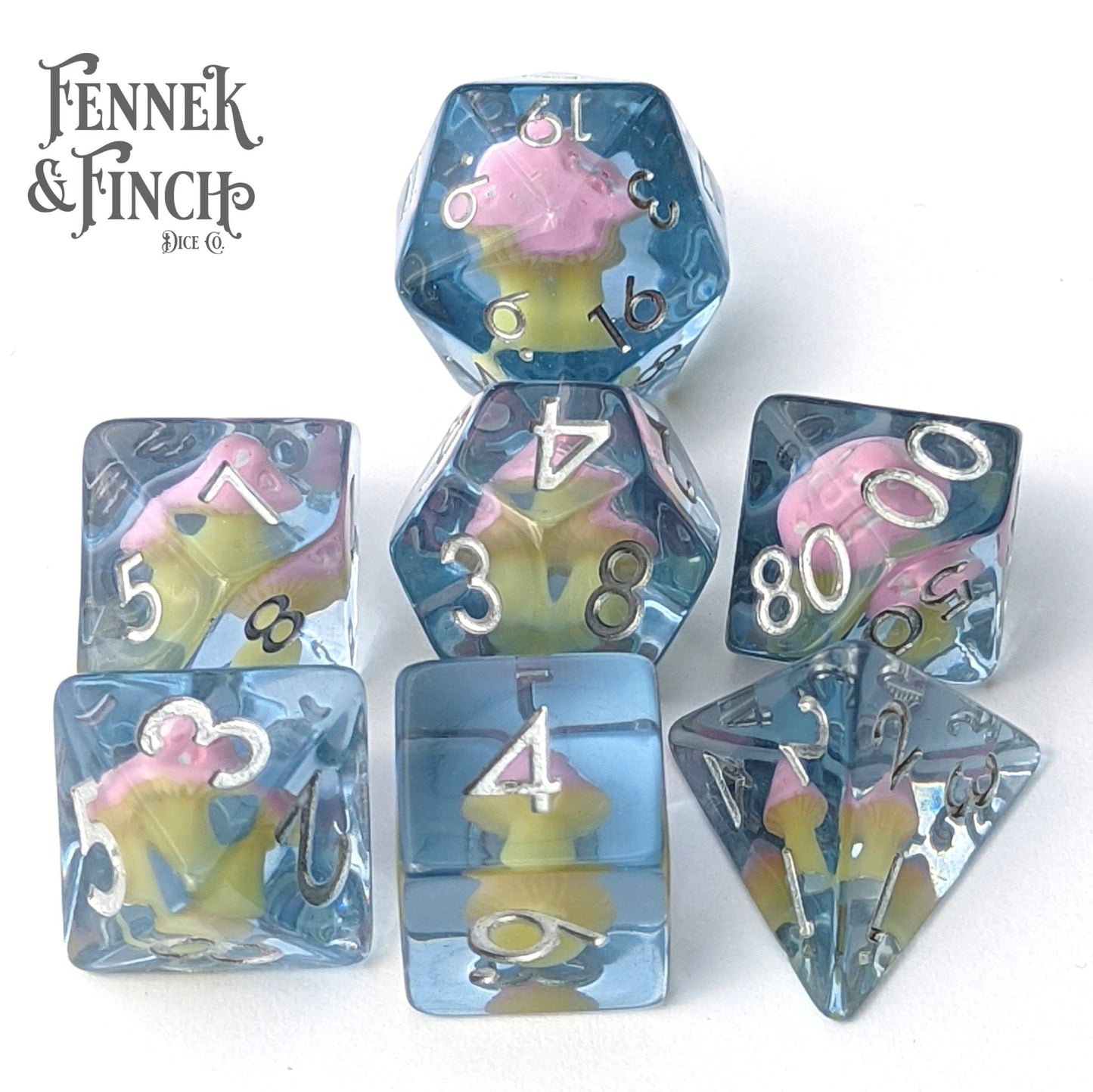 Mushroom Daydream Dice Set – 7 - Piece Pink Amanita Clear Blue DnD Dice - Fennek and Finch