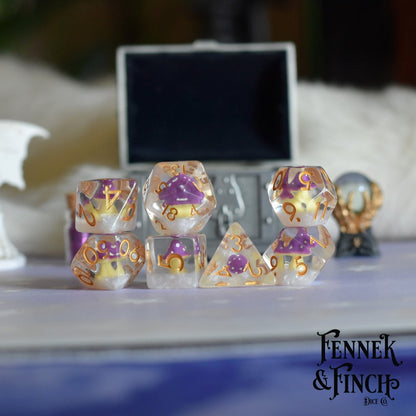 Mushroom on Clouds Dice Set – 7 - Piece Clear Purple Amanita DnD Dice - Fennek and Finch