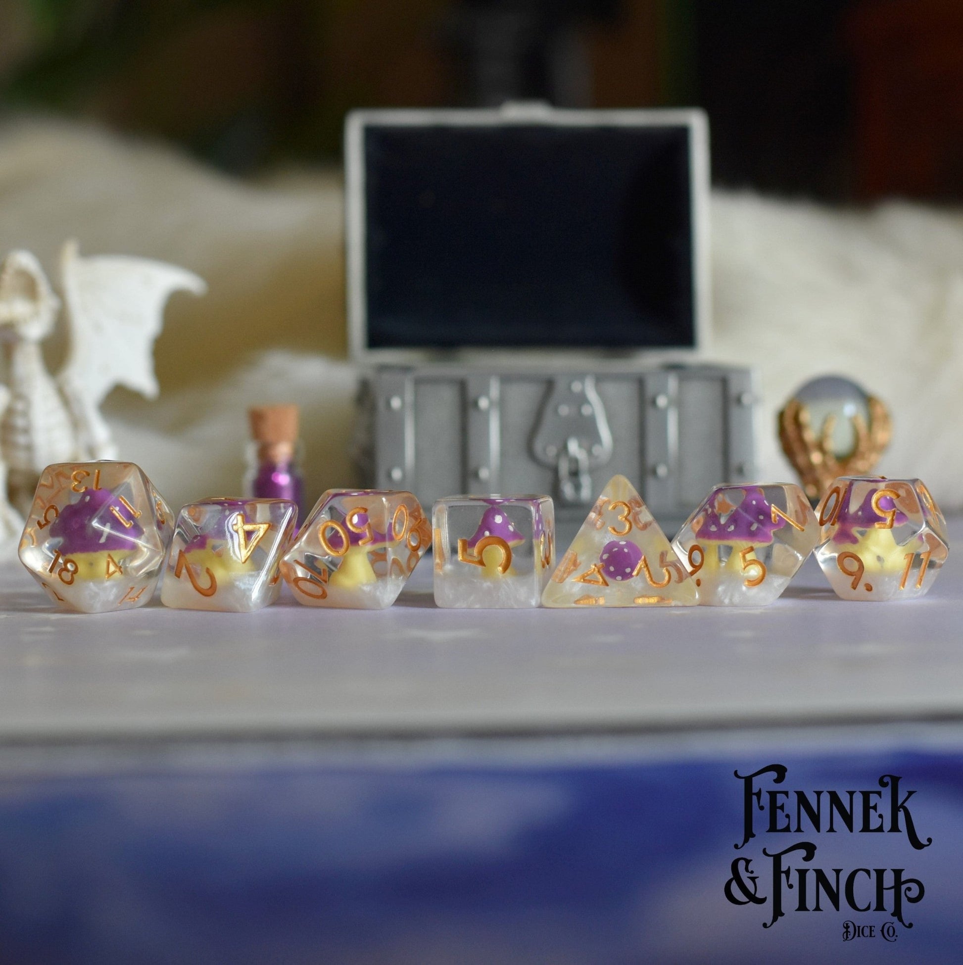 Mushroom on Clouds Dice Set – 7 - Piece Clear Purple Amanita DnD Dice - Fennek and Finch