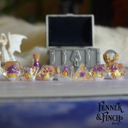 Mushroom on Clouds Dice Set – 7 - Piece Clear Purple Amanita DnD Dice - Fennek and Finch