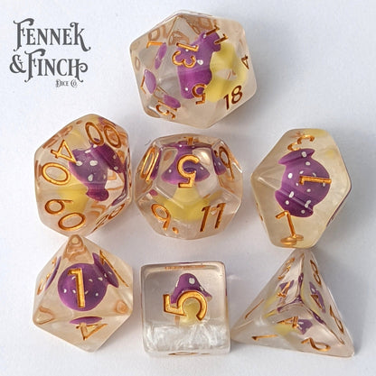 Mushroom on Clouds Dice Set – 7 - Piece Clear Purple Amanita DnD Dice - Fennek and Finch