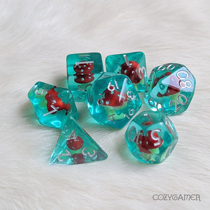 Mushroom Tea Dice Set – 7 - Piece Clear Tiny Blue Amanita Resin DnD Dice - Fennek and Finch