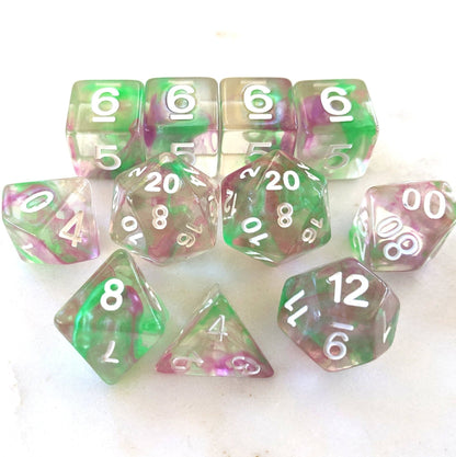 Mystic Swirl Dice Set – Clear Resin with Purple & Green Ink (11 - Piece) - Fennek and Finch