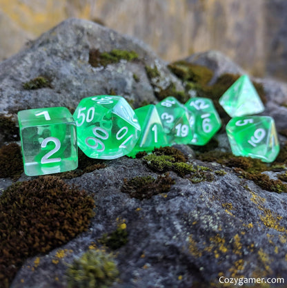 Nature Shift Dice Set – 7-Piece Clear Green Ink Suspended Polyhedral DnD Dice Dice sets Fennek and Finch