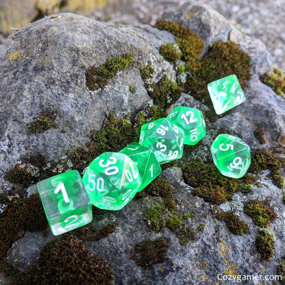 Nature Shift Dice Set – 7-Piece Clear Green Ink Suspended Polyhedral DnD Dice Dice sets Fennek and Finch