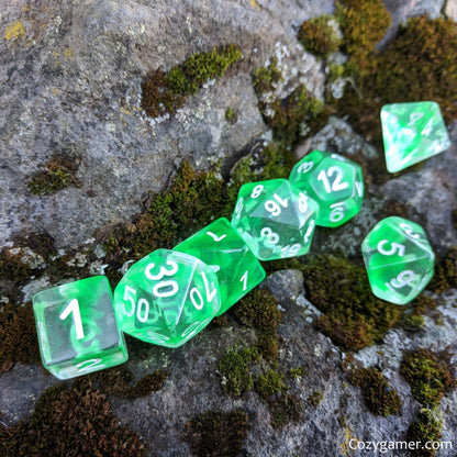 Nature Shift Dice Set – 7-Piece Clear Green Ink Suspended Polyhedral DnD Dice Dice sets Fennek and Finch