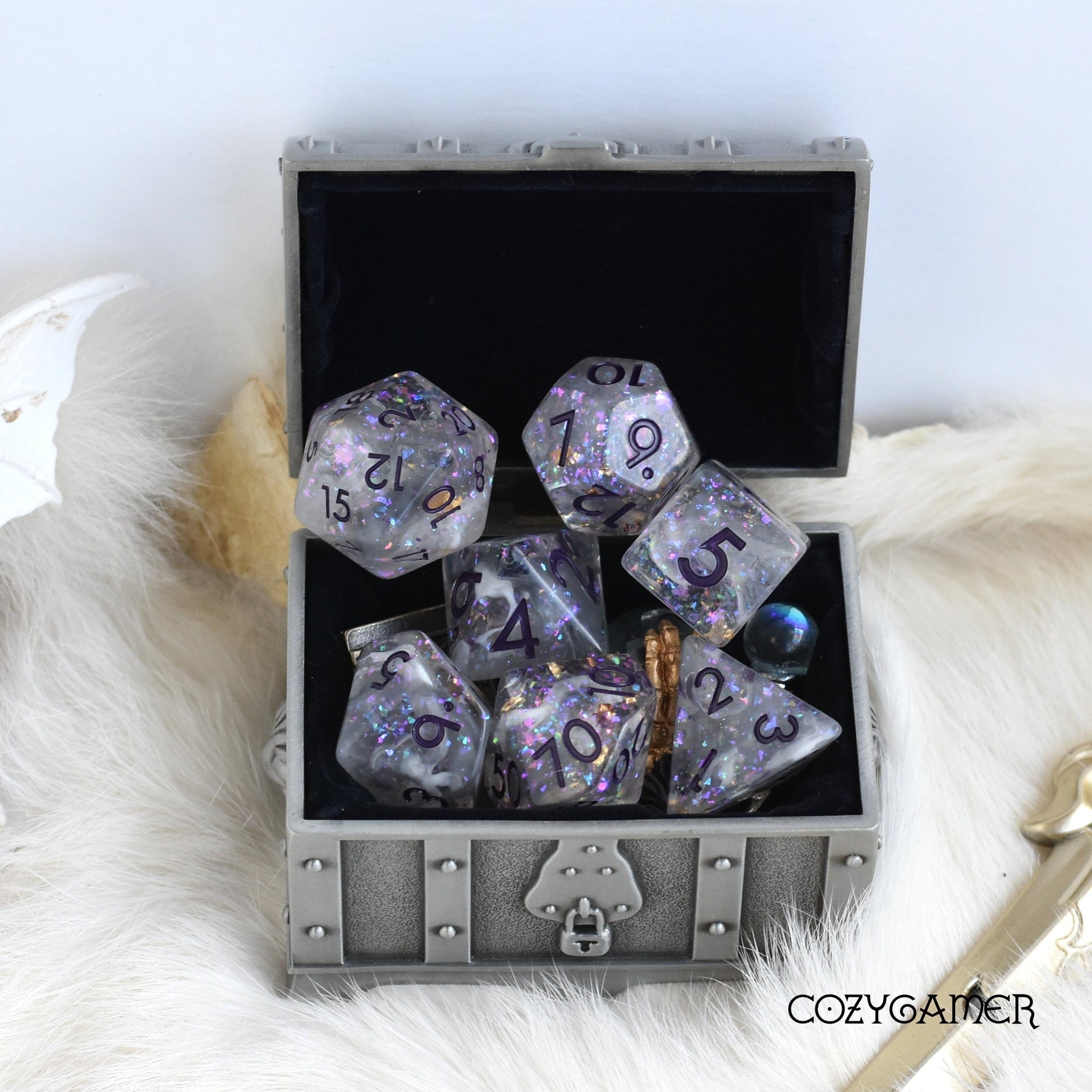 Necro Chanter Dice Set. Clear Resin with Glitter and a White Cloud
