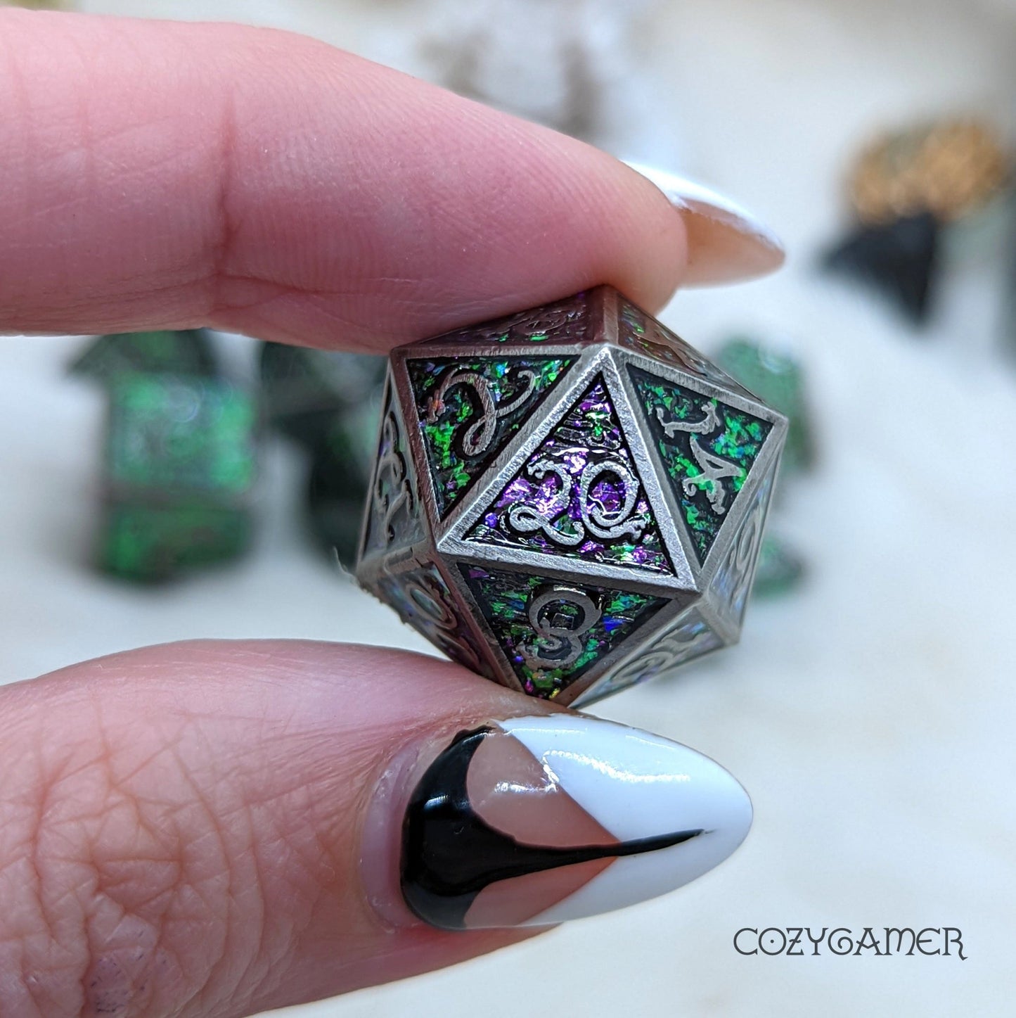 Nickel Cloud Dragon Metal Dice Set – 7 - Piece Purple Green Color Shift Zinc Alloy - Fennek and Finch
