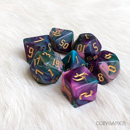 Night Elves Marbled Dice Set – 7-Piece Green Blue Pink Purple Acrylic DnD Dice sets Fennek and Finch