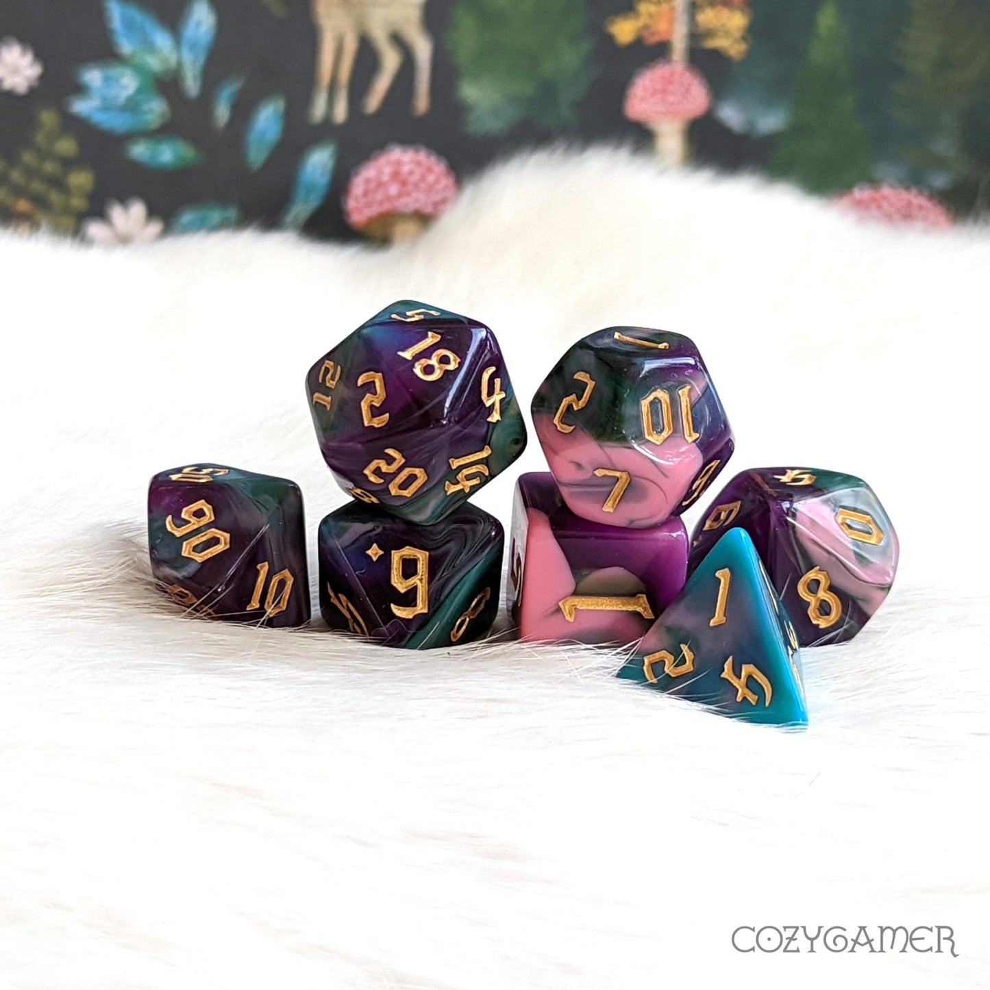 Night Elves Marbled Dice Set – 7-Piece Green Blue Pink Purple Acrylic DnD Dice sets Fennek and Finch