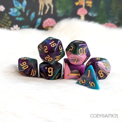 Night Elves Marbled Dice Set – 7-Piece Green Blue Pink Purple Acrylic DnD Dice sets Fennek and Finch