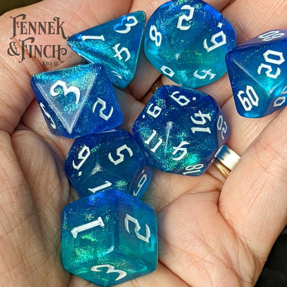 Oasis Dice Set – 7-Piece Marbled Blue Shimmer DnD Dice Dice Sets & Games Fennek and Finch