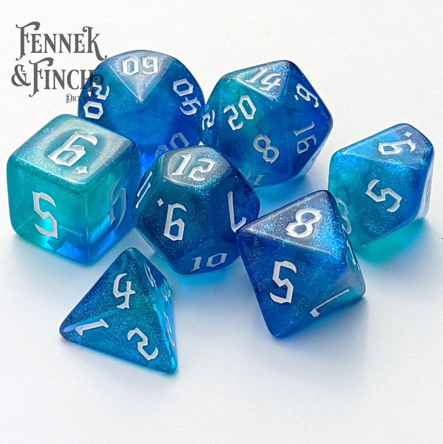 Oasis Dice Set – 7-Piece Marbled Blue Shimmer DnD Dice Dice Sets & Games Fennek and Finch