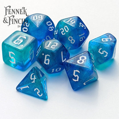 Oasis Dice Set – 7-Piece Marbled Blue Shimmer DnD Dice Dice Sets & Games Fennek and Finch