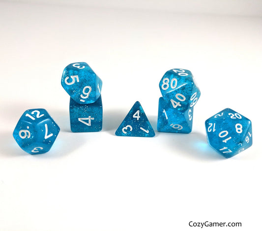 Ocean Blue Sparkles Dice Set – 7-Piece Translucent Blue Glitter Acrylic DnD Dice sets Fennek and Finch