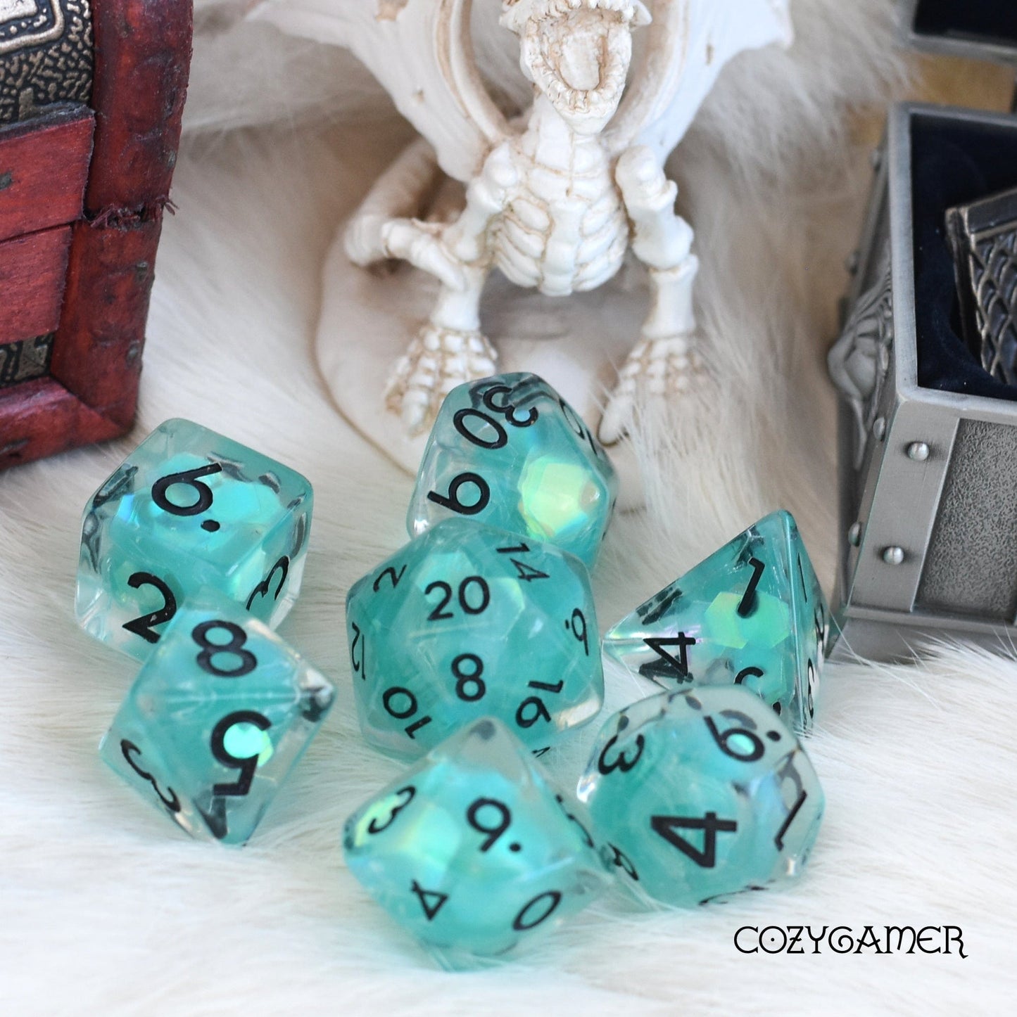 Ocean Glint Dice Set. Clear Resin with Blue Glitter