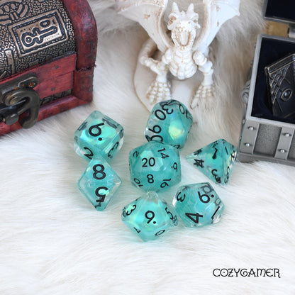 Ocean Glint Dice Set. Clear Resin with Blue Glitter