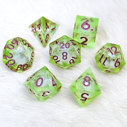 Ooze Liquid Core Sharp Edge Dice Set – 7 - Piece Bright Green Burgundy Font DnD - Fennek and Finch