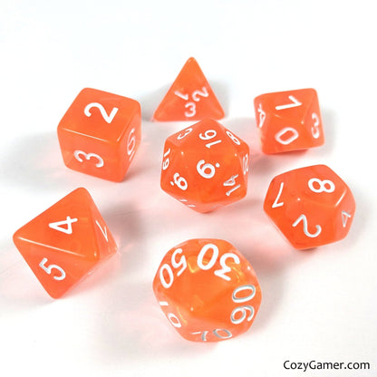 Orange Candy Dice Set – 7 - Piece Clear Orange Acrylic DnD Dice - Fennek and Finch