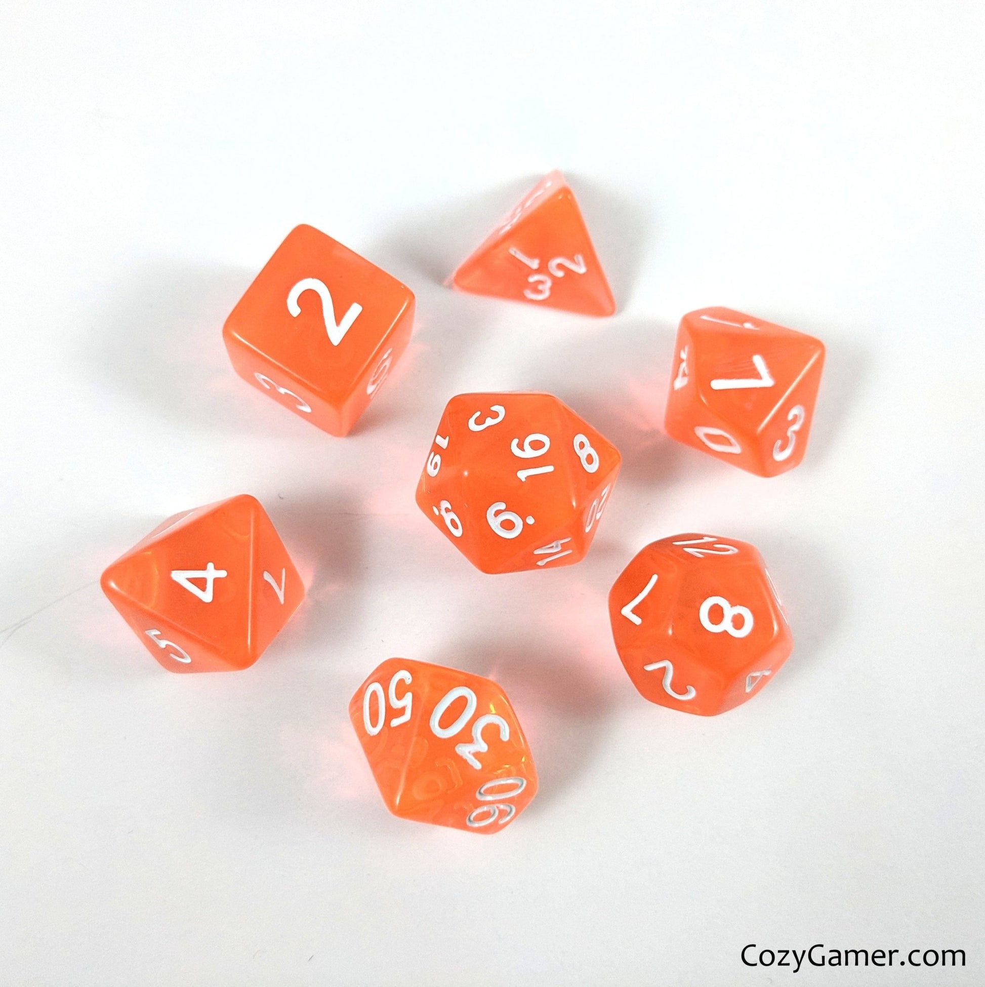 Orange Candy Dice Set – 7 - Piece Clear Orange Acrylic DnD Dice - Fennek and Finch