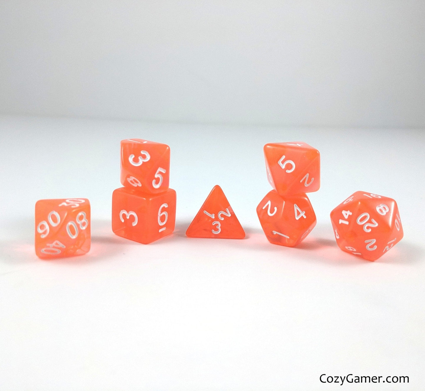 Orange Candy Dice Set – 7 - Piece Clear Orange Acrylic DnD Dice - Fennek and Finch