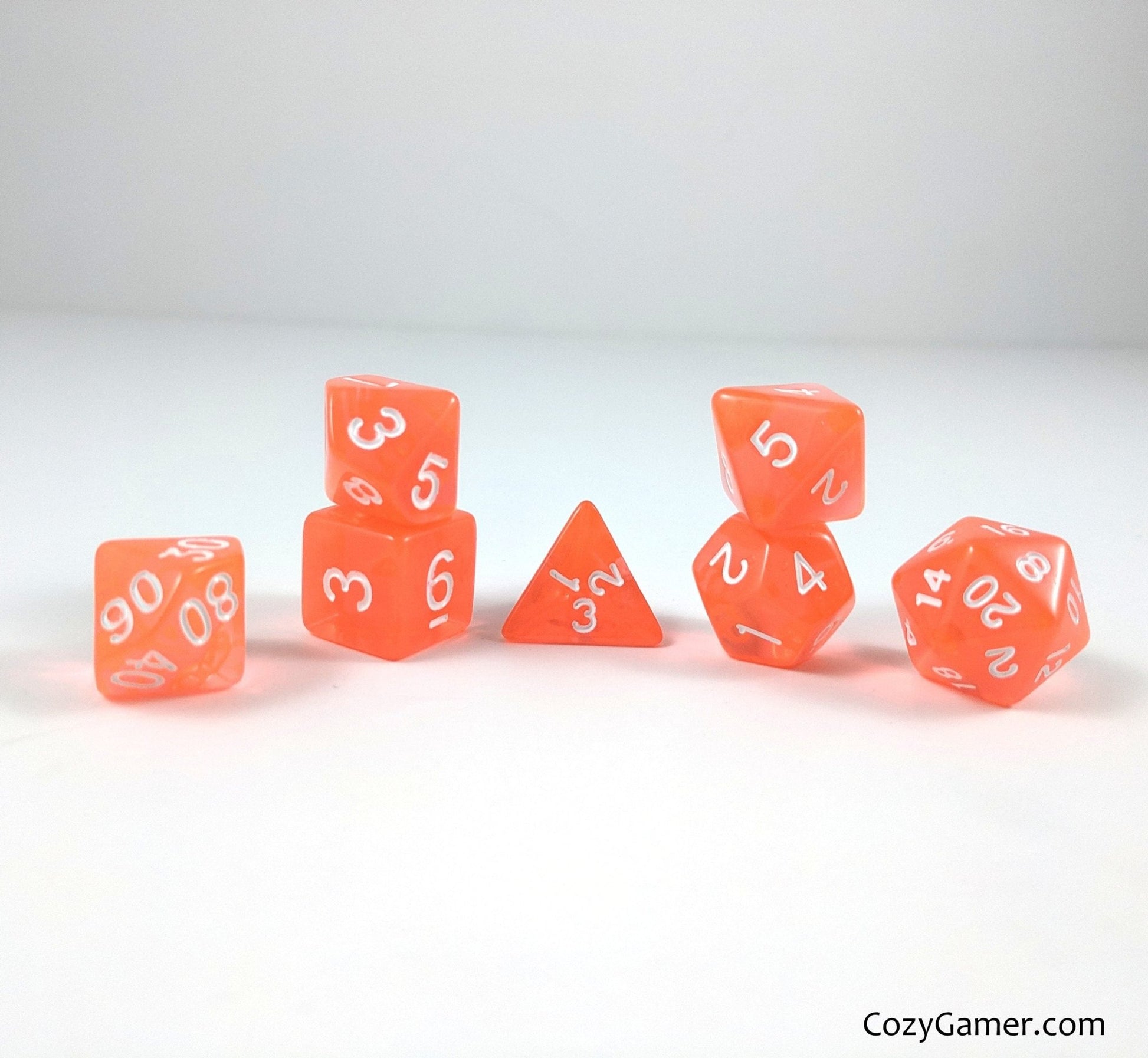 Orange Candy Dice Set – 7 - Piece Clear Orange Acrylic DnD Dice - Fennek and Finch