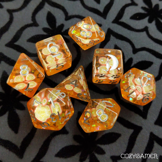 Orange Dice Set – 8-Piece Fruit Slice DnD Dice | Fennek & Finch Dice sets Fennek and Finch