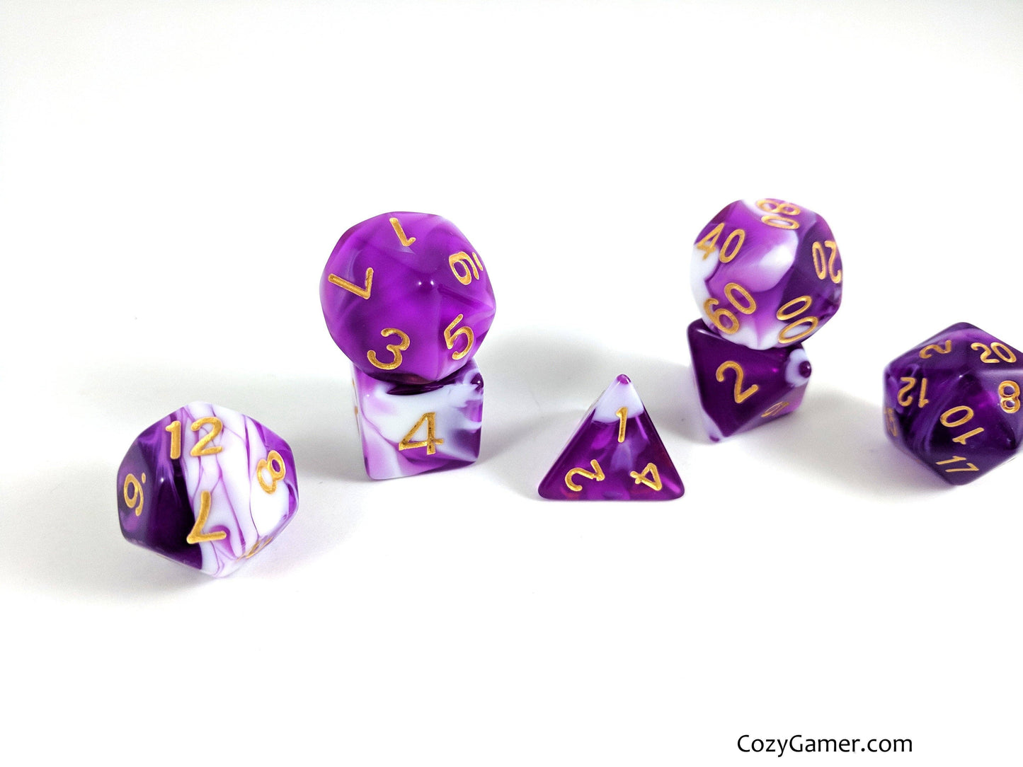 Orchid DnD Dice Set, Purple and White Marble Dice - CozyGamer