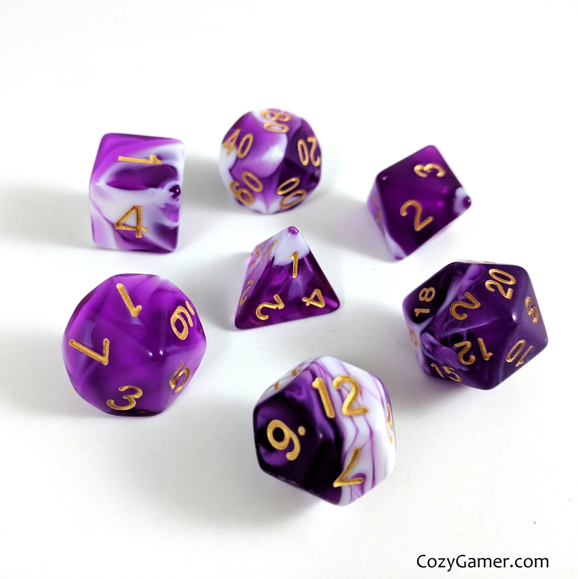 Orchid DnD Dice Set, Purple and White Marble Dice - CozyGamer