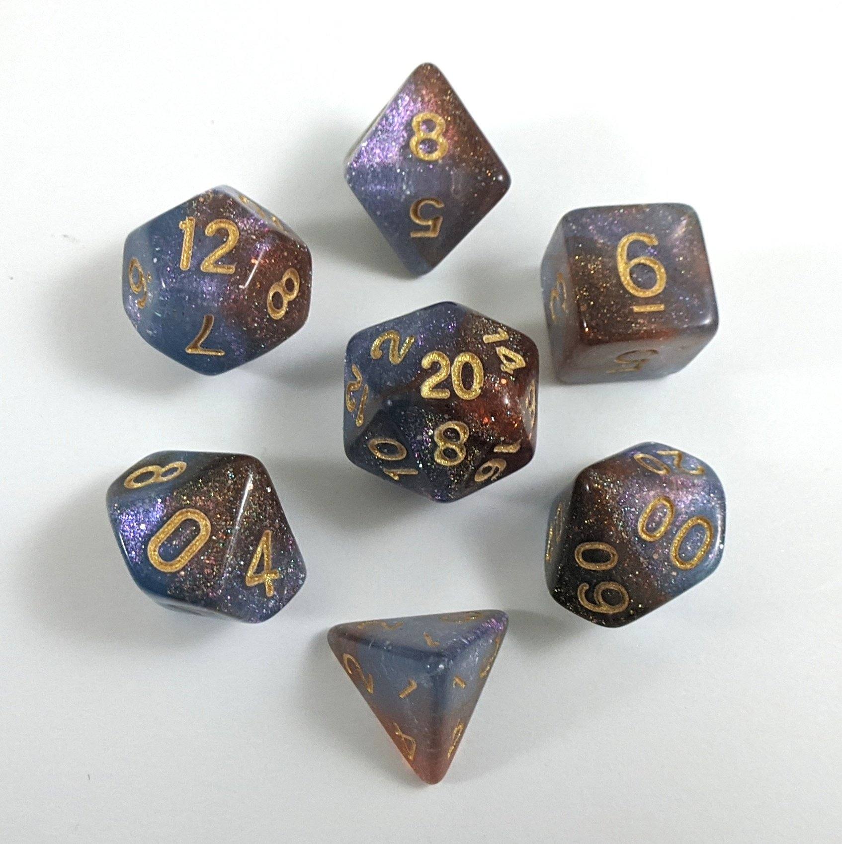 Orion Nebula Dice Set. Lavender Purple and Maroon Marbled Micro Shimmer - CozyGamer