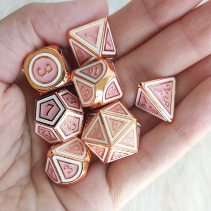 Ostara Metal Dice Set. Copper Plated Pink and White - CozyGamer