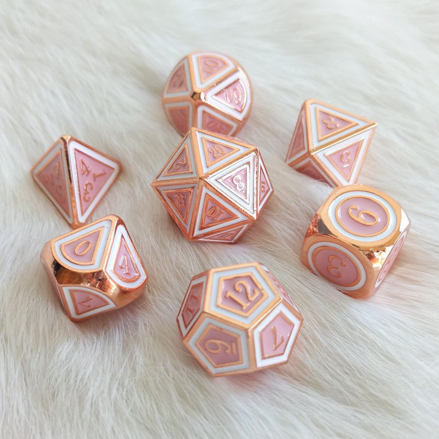 Ostara Metal Dice Set. Copper Plated Pink and White - CozyGamer