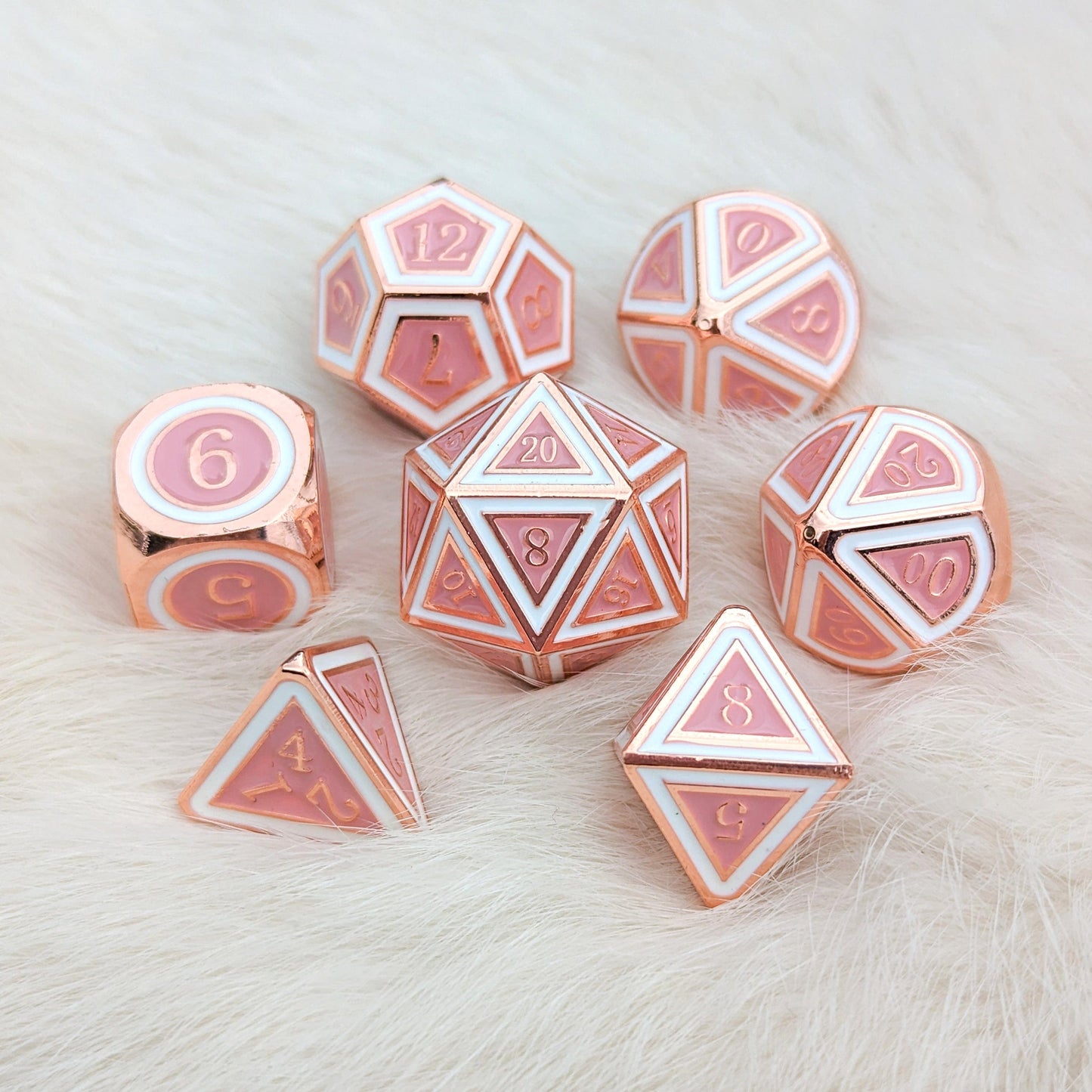 Ostara Metal Dice Set. Copper Plated Pink and White