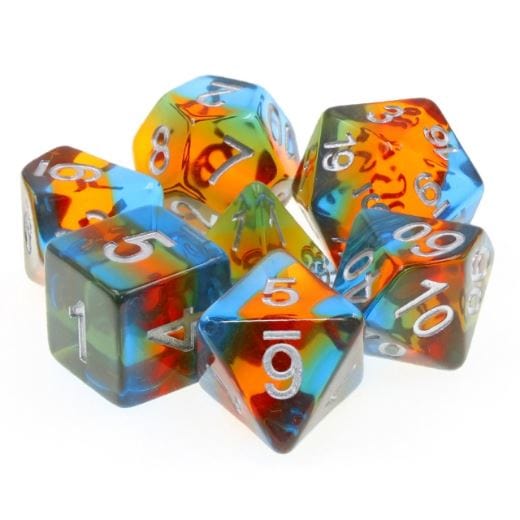 Parallel Universes Dice Set, blue-orange-green translucent polyhedral dice for Dungeons and Dragons and tabletop RPGs.