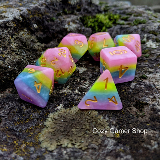 Pastel Rainbow Dice Set – Soft Layered Colors (7 - Piece) - Fennek and Finch