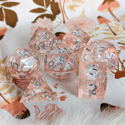 Peach Liquid Core Sharp Edge Dice Set – 7-Piece Pink Peach Micro Shimmer DnD Dice Sets & Games Fennek and Finch