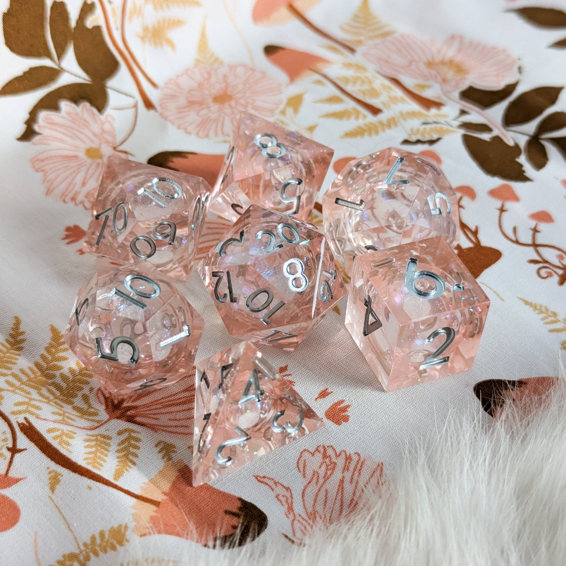 Peach Liquid Core Sharp Edge Dice Set – 7-Piece Pink Peach Micro Shimmer DnD Dice Sets & Games Fennek and Finch