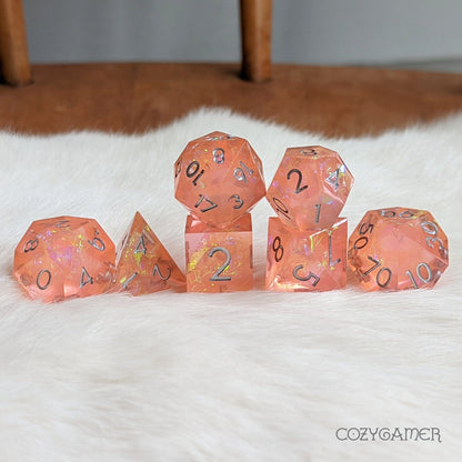 Peach Tea Dice Set – Pink Sharp Edge with Holographic Paper - Fennek and Finch