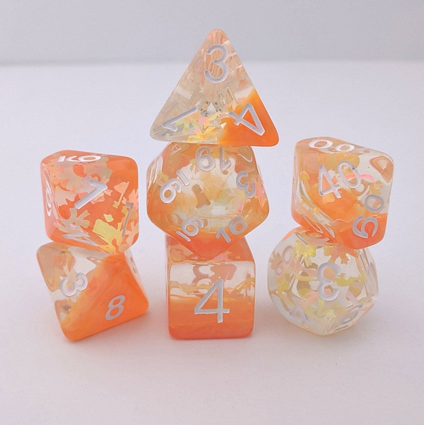 Peachy Bow DnD Dice Set with Orange Ribbon and Glitter, 7 Piece Polyhedral Dice for Dungeons and Dragons