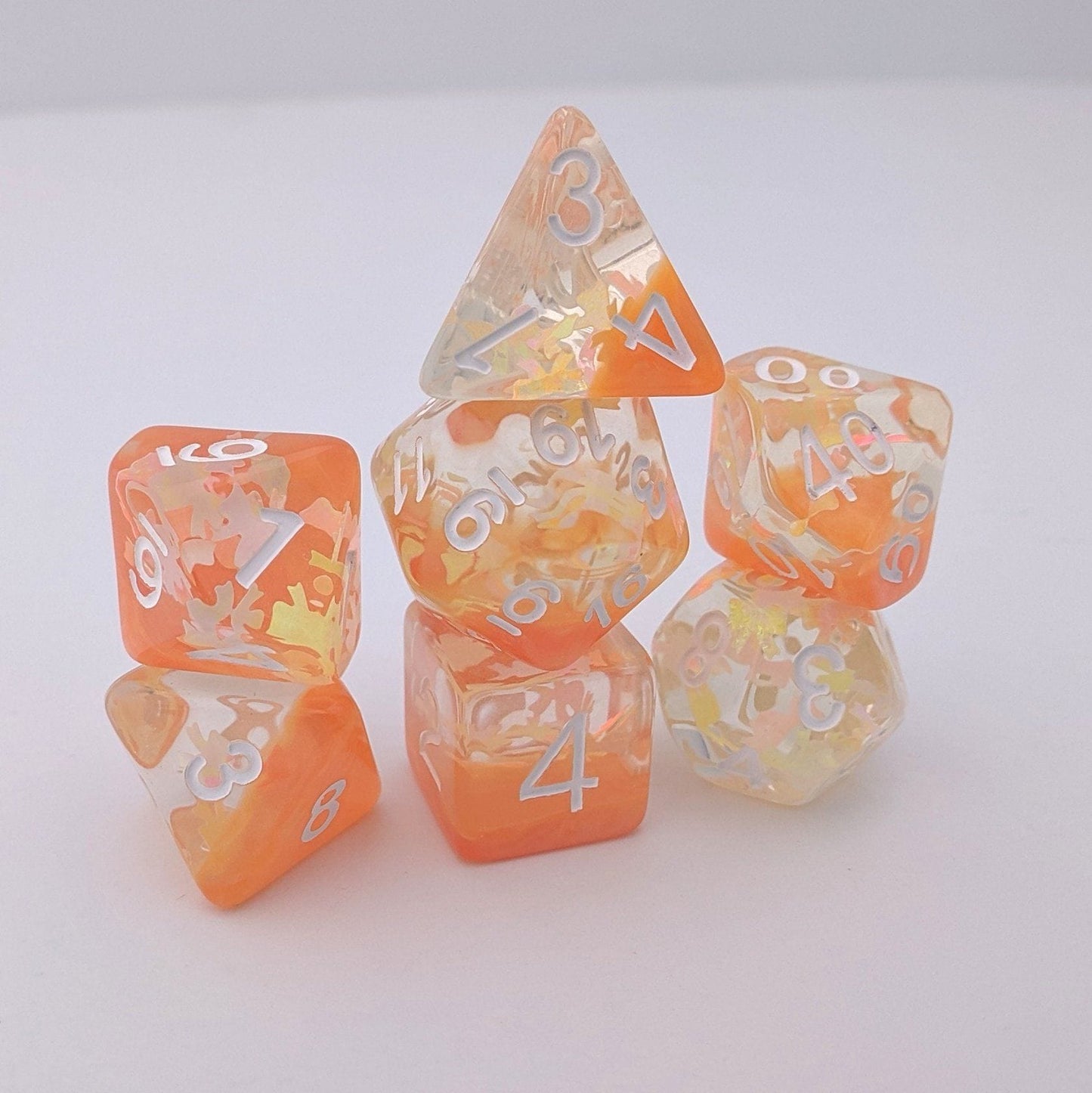 Peachy Bow DnD Dice Set, Orange Ribbon Translucent Glitter Dice - CozyGamer