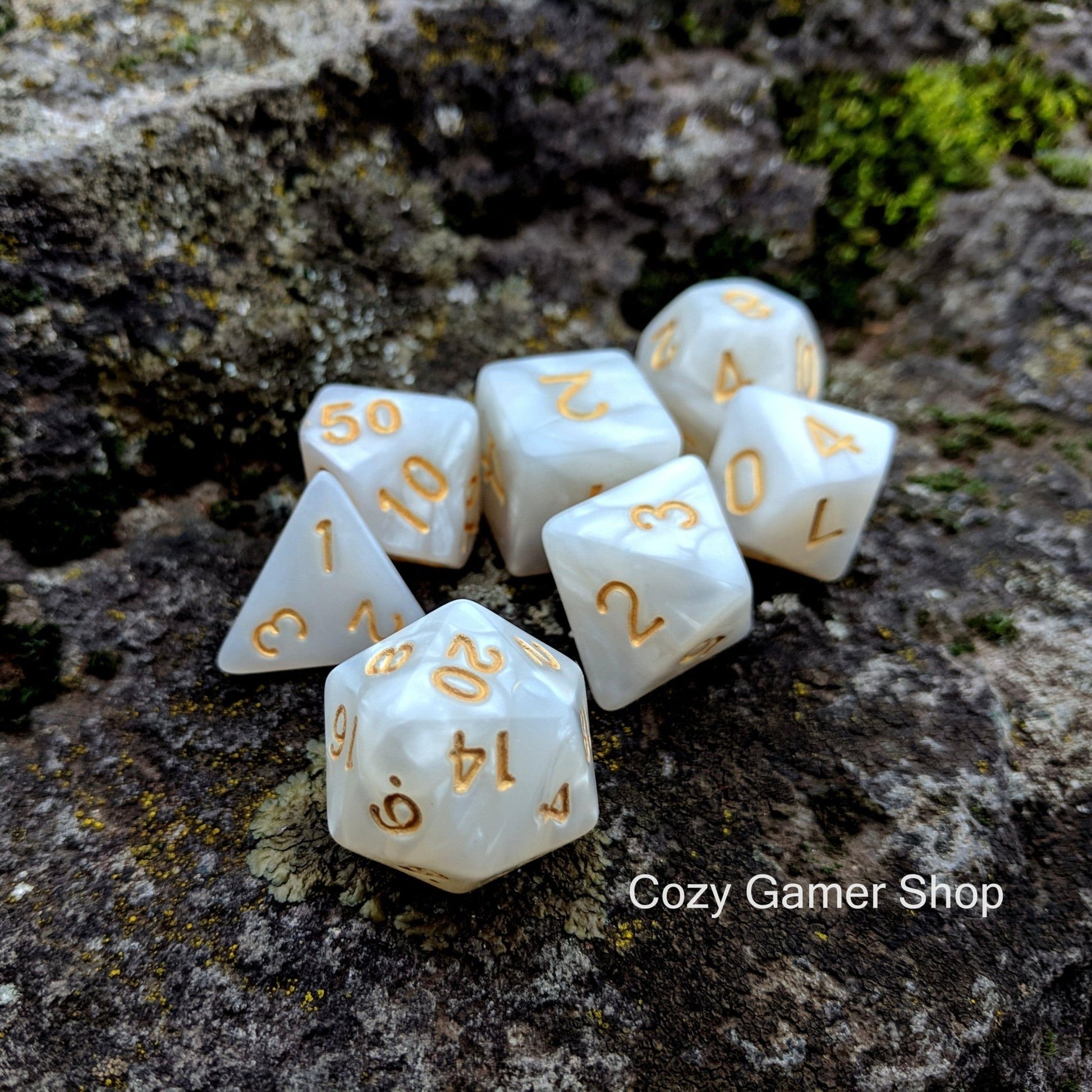 Pearly Gates Dice Set – White Pearlescent Acrylic with Gold Font Dice sets Fennek and Finch