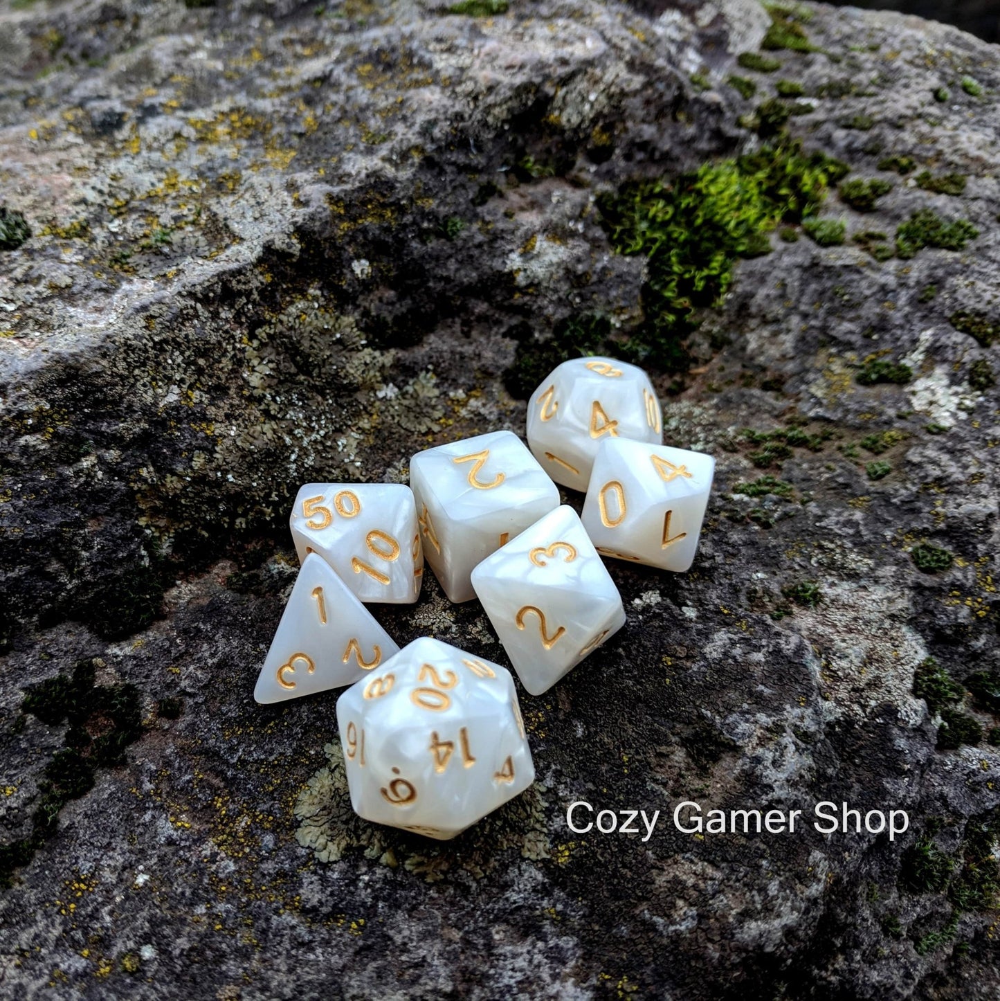 Pearly Gates Dice Set – White Pearlescent Acrylic with Gold Font Dice sets Fennek and Finch
