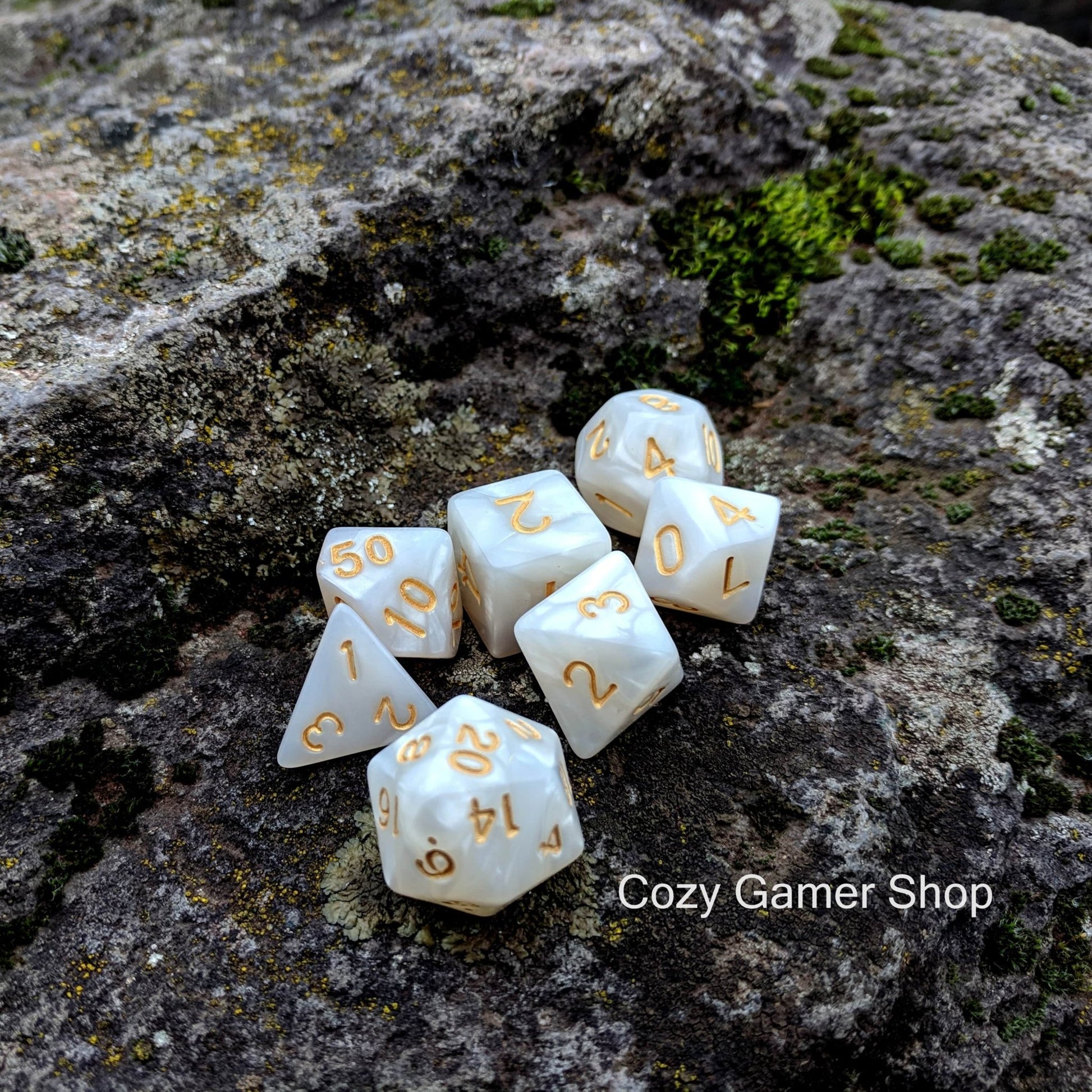 Pearly Gates Dice Set – White Pearlescent Acrylic with Gold Font Dice sets Fennek and Finch