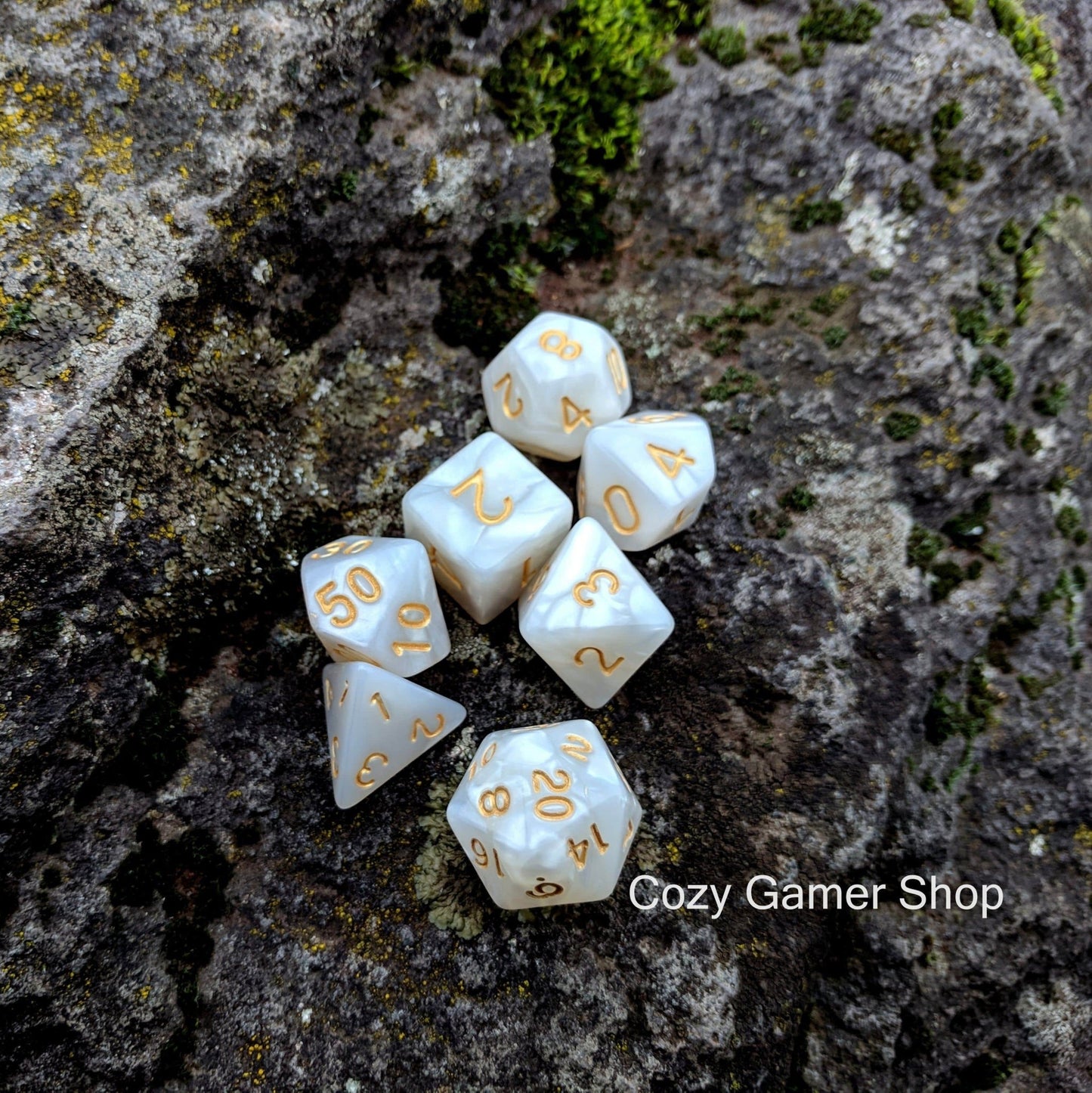 Pearly Gates Dice Set – White Pearlescent Acrylic with Gold Font Dice sets Fennek and Finch