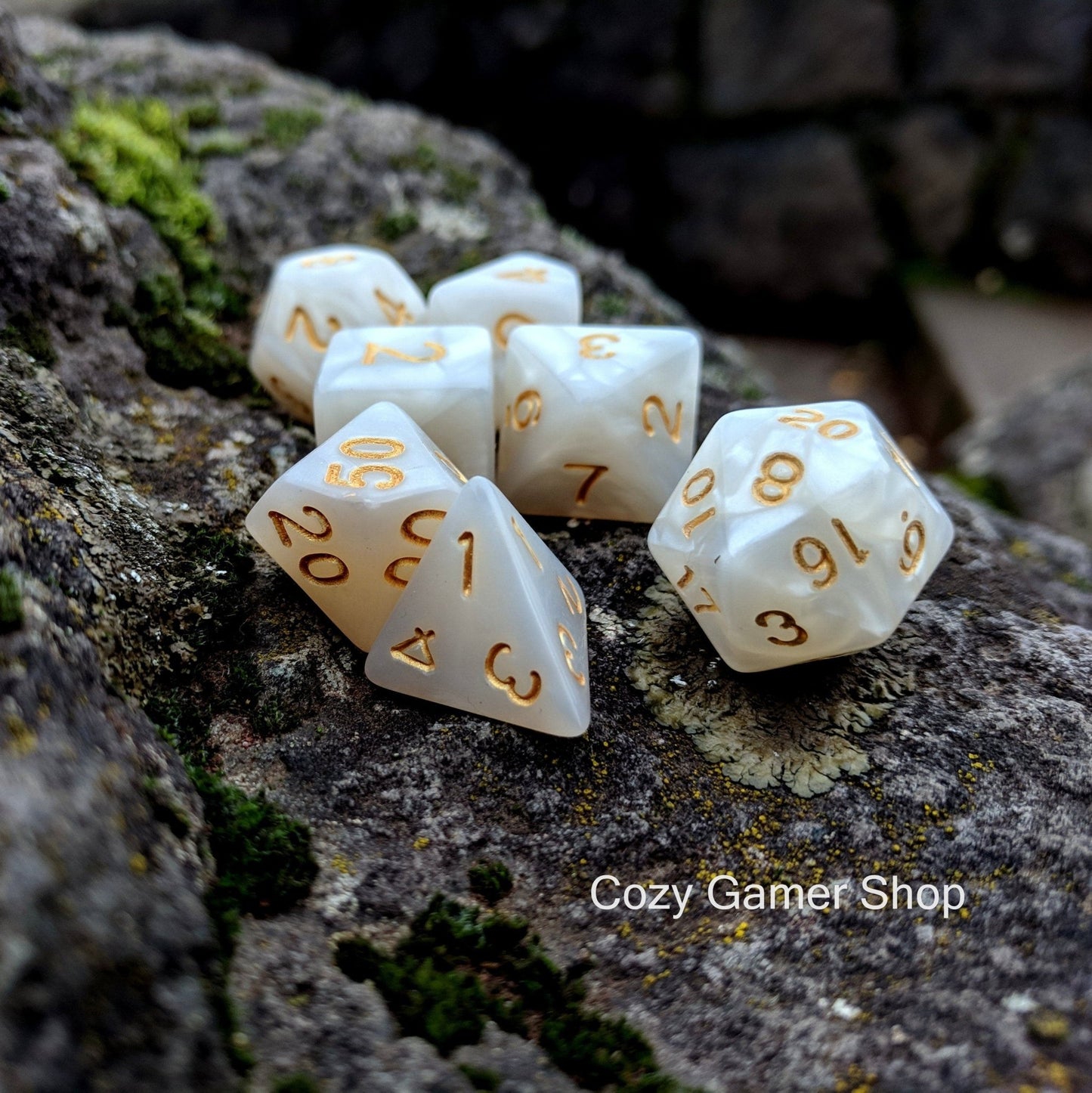 Pearly Gates Dice Set – White Pearlescent Acrylic with Gold Font Dice sets Fennek and Finch