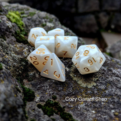 Pearly Gates Dice Set – White Pearlescent Acrylic with Gold Font Dice sets Fennek and Finch