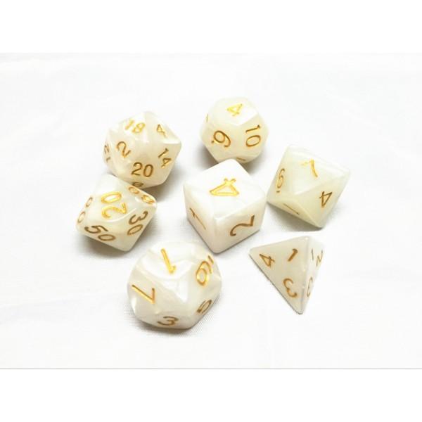Pearly Gates Dice Set – White Pearlescent Acrylic with Gold Font Dice sets Fennek and Finch