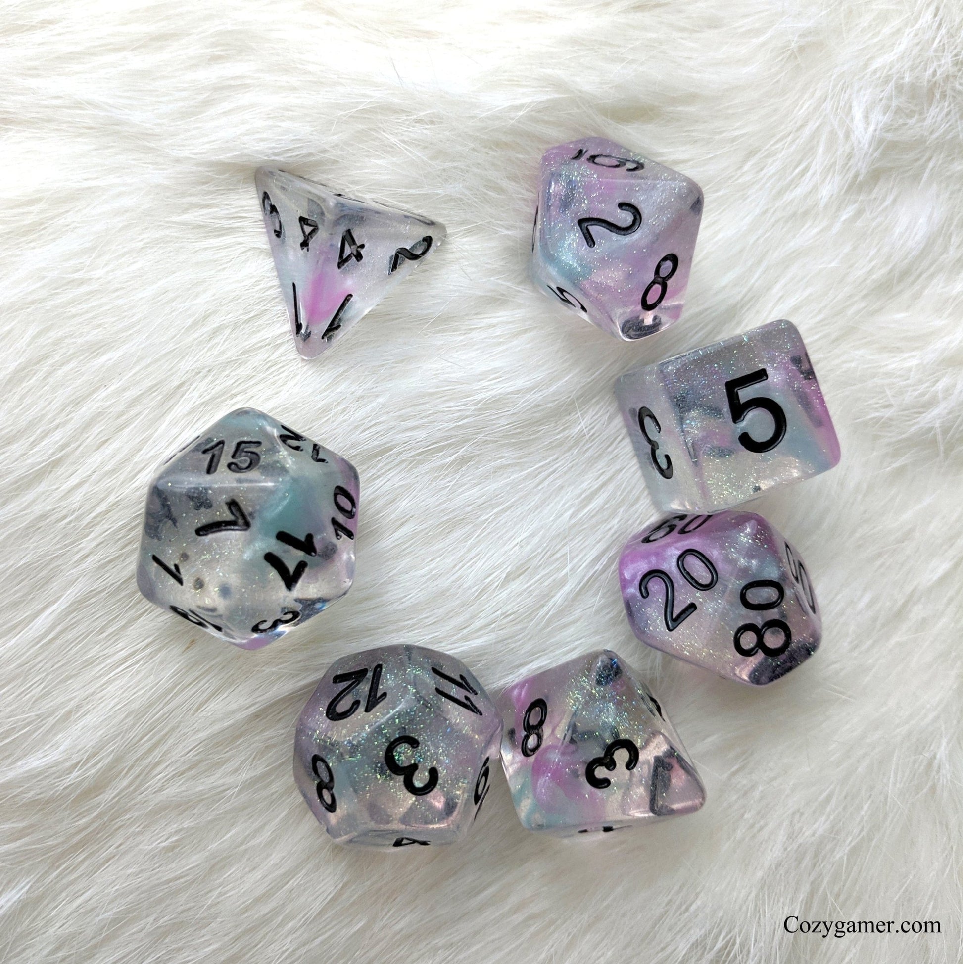 Pegasus Dice Set – 7-Piece Purple Blue Translucent Glitter Pearly Ink DnD Dice Dice sets Fennek and Finch